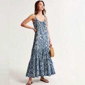 NWT Abercrombie & Fitch Trapeze Maxi Dress XS Blue White Tie Strap Resort Beachy